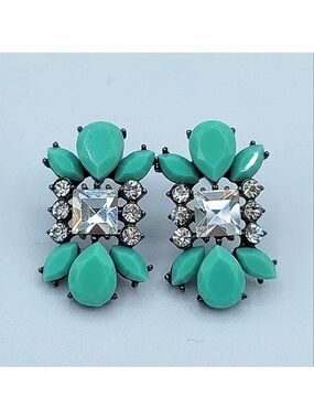 Mint Cabachon & Clear Crystal Earrings Hematite Tone Setting #1226